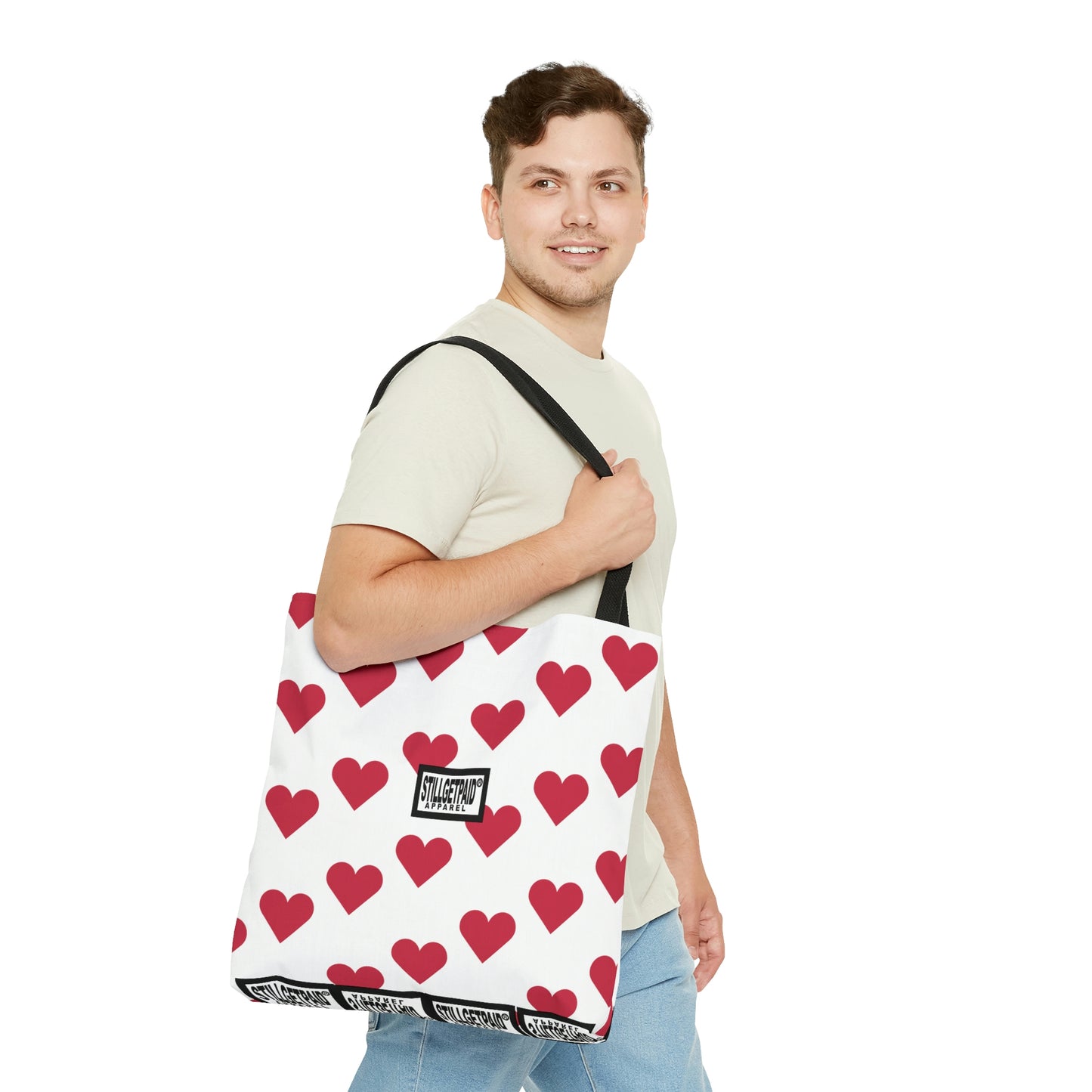 STILLGETPAID® APPAREL WHITE RED HEART TALL AOP Tote Bag